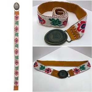 Vintage Xolcaco USA Floral Seed Bead Suede Belt with Designer Series D Buckle